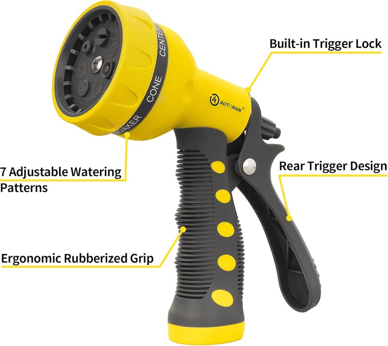 AUTOMAN -Garden-Hose-Nozzle,ABS Water Spray Nozzle with Heavy Duty 7 Adjustable Watering Patterns,Slip Resistant for Watering Plants,Lawn& Garden,Washing Cars,Cleaning,Showering Pets - Yellow - Image 2