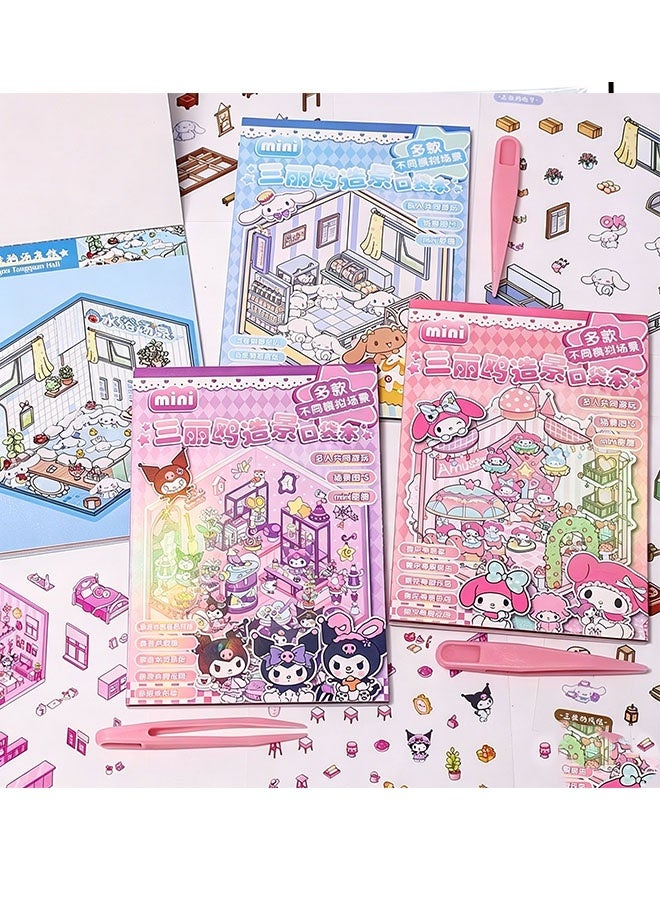 Sanrio Scene Sticker Book for Kids, 5 Sets of 3D Sticker Scenes for Adults Fun Mini Cute Kawaii Stickers Therapy 3D Scenes 3D House Stickers Set Relief Stress Pass The Time - Image 2