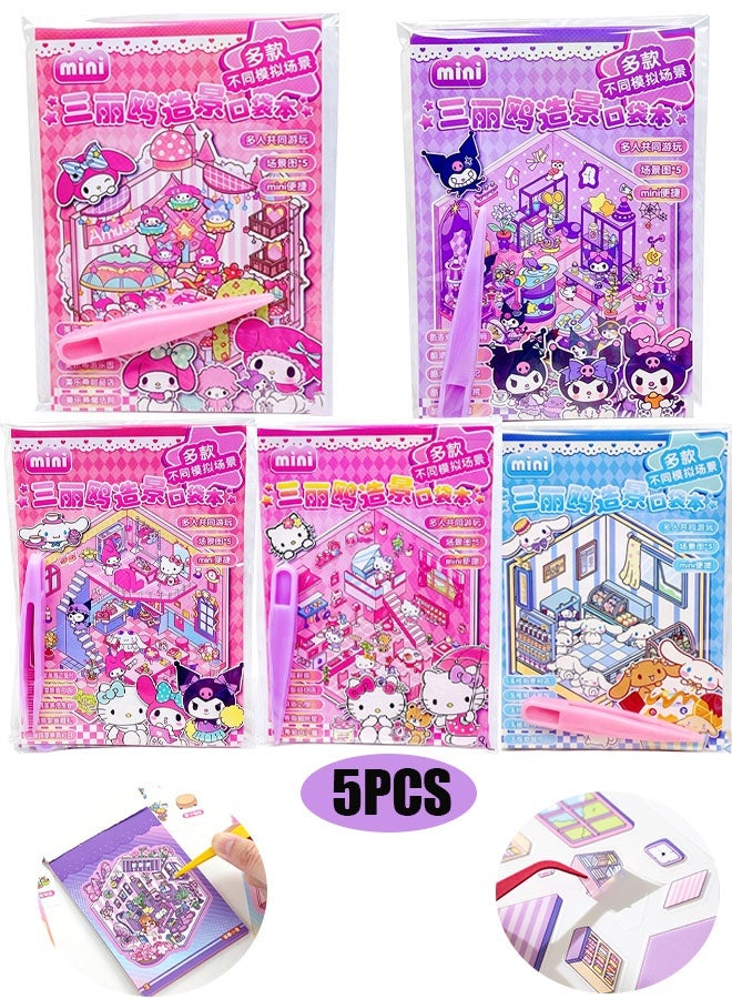 Sanrio Scene Sticker Book for Kids, 5 Sets of 3D Sticker Scenes for Adults Fun Mini Cute Kawaii Stickers Therapy 3D Scenes 3D House Stickers Set Relief Stress Pass The Time - Image 1