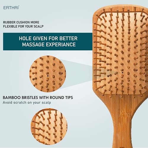 Erthri Wooden Paddle Hair Brush for Women & Men | Air-Cushioned Bristles for Gentle Detangling | Eco-Friendly Bamboo Handle Smooth Styling for All Hair Types Durable & Travel-Friendly Design - Image 3