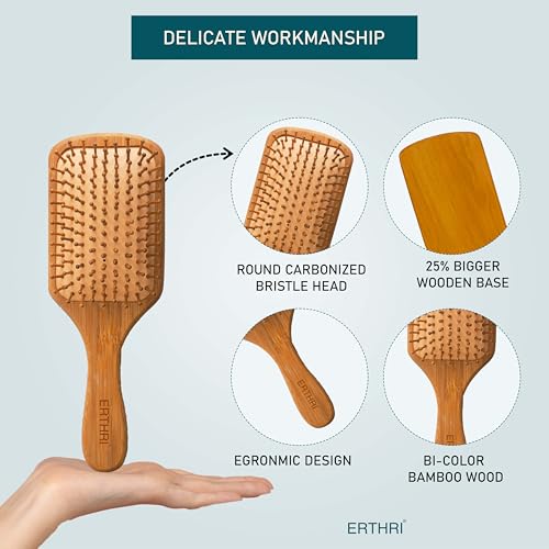Erthri Wooden Paddle Hair Brush for Women & Men | Air-Cushioned Bristles for Gentle Detangling | Eco-Friendly Bamboo Handle Smooth Styling for All Hair Types Durable & Travel-Friendly Design - Image 2