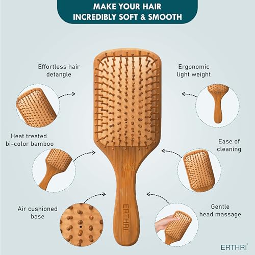 Erthri Wooden Paddle Hair Brush for Women & Men | Air-Cushioned Bristles for Gentle Detangling | Eco-Friendly Bamboo Handle Smooth Styling for All Hair Types Durable & Travel-Friendly Design - Image 4