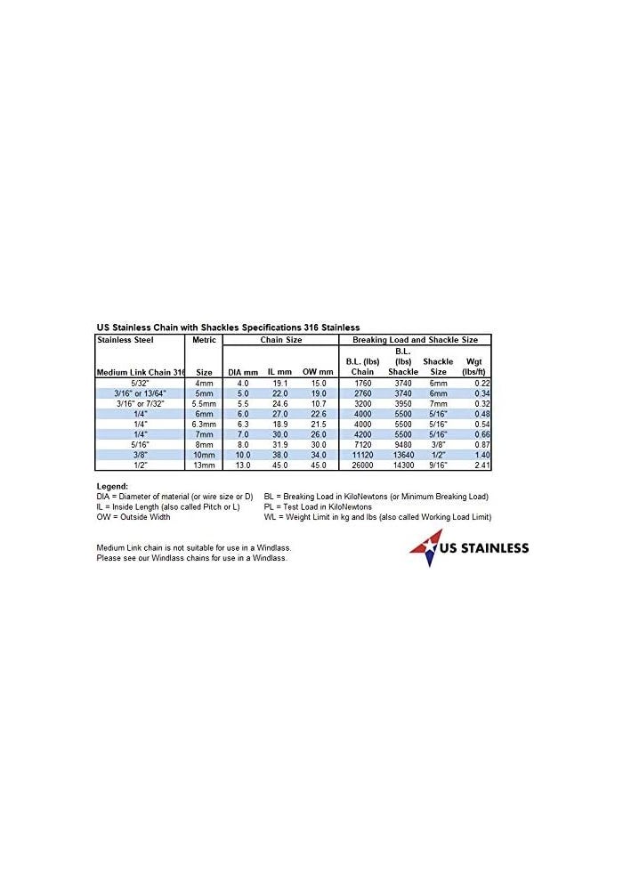 US Stainless سلسلة مرساة من الفولاذ المقاوم للصدأ 5/16'' (8mm) AISI 316 مع مشابك 3/8'' (10mm) - Image 3