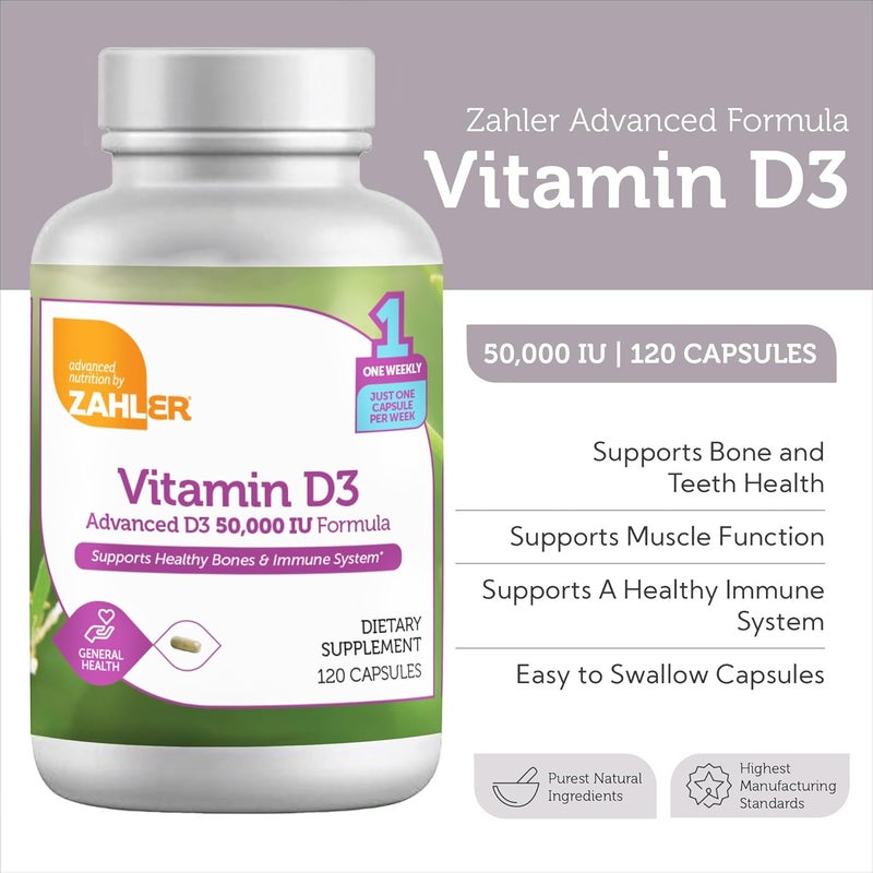 Zahler  Advanced Vitamin D3 50000 IU capsules 120 Count Kosher Vegetarian Friendly Vitamin D for Immune Support Bone Teeth  Muscle Health  Weekly D3 Vitamin Supplement Easy Swallow Vitamin D3 - Image 2
