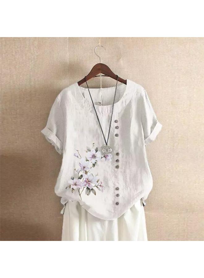 Cotton And Linen Women's Clothing Summer And Autumn Vintage Casual Loose Cotton And Linen Short-sleeved T-shirt Cotton And Linen Women's Clothing Large Size Amz Explosions 