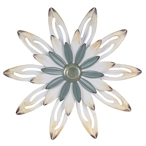 hogardeck Metal Flower Farmhouse Wall Decor, 16" Large Floral Metal Blue White Wall Art for Indoor Outdoor, Boho Wall Decor for Bathroom, Living Room, Kitchen, Bedroom, Porch, Garden, Yard - Image 1