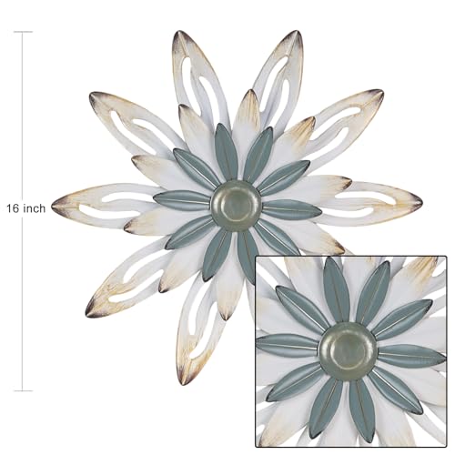 hogardeck Metal Flower Farmhouse Wall Decor, 16" Large Floral Metal Blue White Wall Art for Indoor Outdoor, Boho Wall Decor for Bathroom, Living Room, Kitchen, Bedroom, Porch, Garden, Yard - Image 2