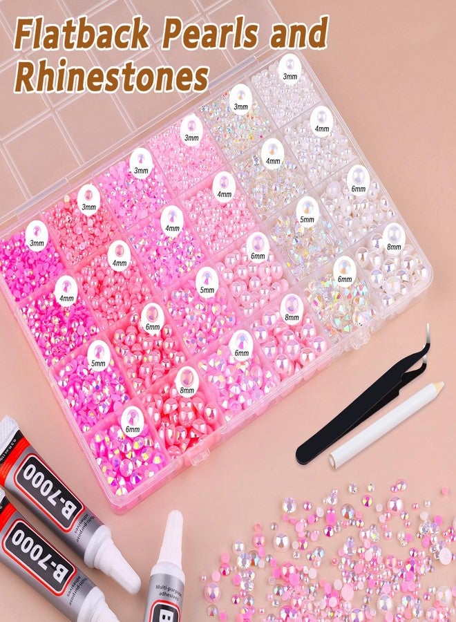 TINKRSTUFF 14000PCS Flatback Pearls and Pink Rhinestones for Bedazzling Kit, Pink White 3-10mm Resin Rhinestones Gems and Half Pearls for Crafting, Nail Art and Grad Cap Decor with B7000 Jewelry Glue - Image 3
