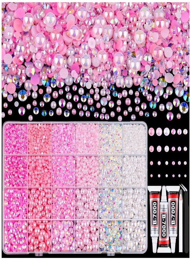 TINKRSTUFF 14000PCS Flatback Pearls and Pink Rhinestones for Bedazzling Kit, Pink White 3-10mm Resin Rhinestones Gems and Half Pearls for Crafting, Nail Art and Grad Cap Decor with B7000 Jewelry Glue - Image 1