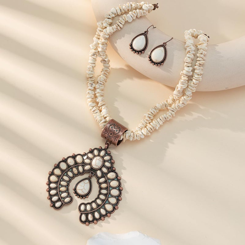 JMScape 4 PCS Western Turquoise Jewelry for Women Boho Vintage Navajo Pearl Necklace Earring Bracelet Ring Set Country Cowgirl Accessories for Gift (G-White) - Image 4