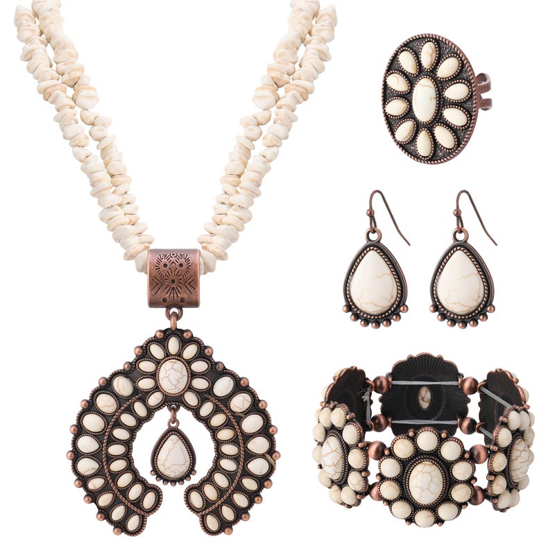 JMScape 4 PCS Western Turquoise Jewelry for Women Boho Vintage Navajo Pearl Necklace Earring Bracelet Ring Set Country Cowgirl Accessories for Gift (G-White) - Image 1