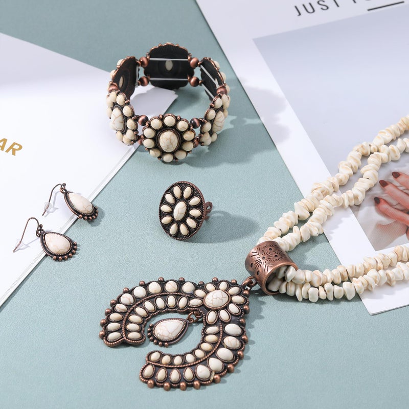 JMScape 4 PCS Western Turquoise Jewelry for Women Boho Vintage Navajo Pearl Necklace Earring Bracelet Ring Set Country Cowgirl Accessories for Gift (G-White) - Image 3