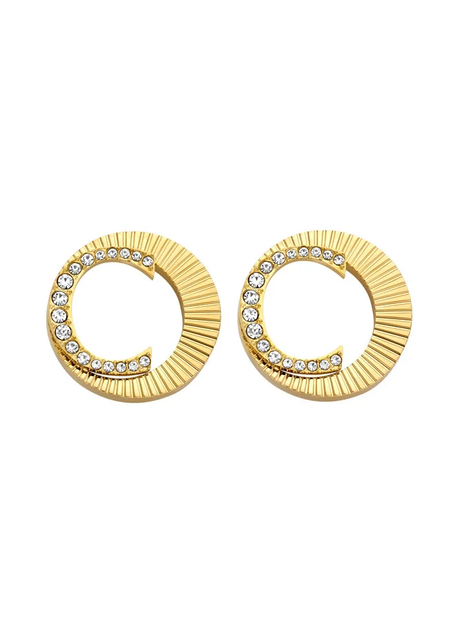 CERRUTI 1881 Cerruti 1881 Pleat Gold-Plated Earrings with Sunray-Textured Ring, Crystals & Brand Motif