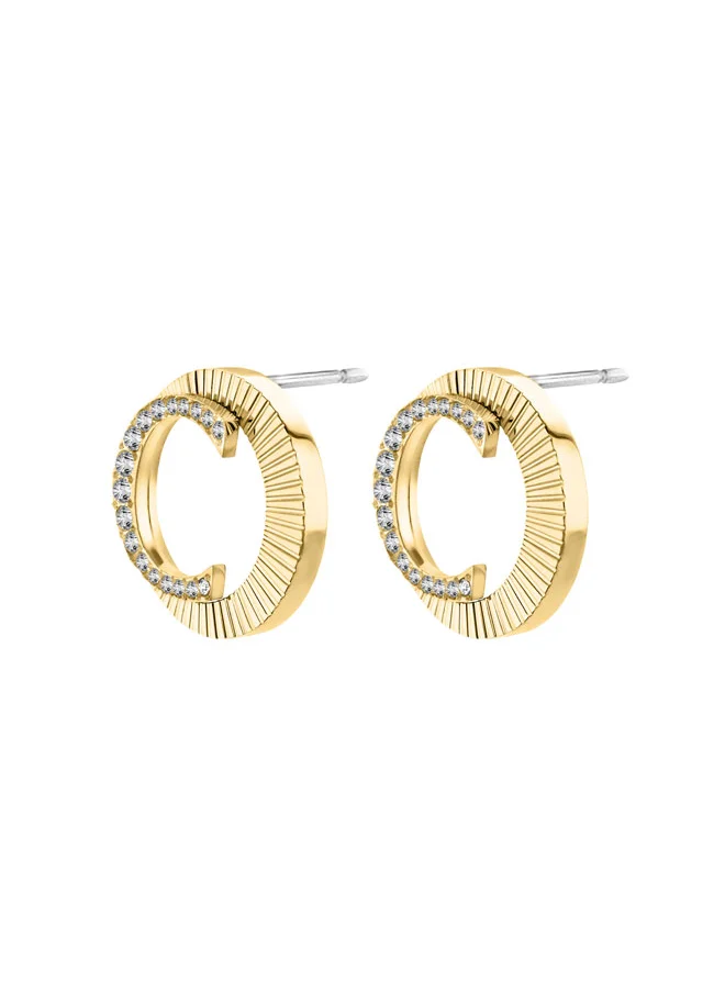 CERRUTI 1881 Cerruti 1881 Pleat Gold-Plated Earrings with Sunray-Textured Ring, Crystals & Brand Motif