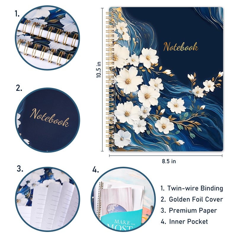 Shoparr Spiral Notebook - Notebooks Spiral Bound, Journal Notebook with Thick Paper & Back Pocket, with Twin-Wire Binding, College Ruled Notebooks - Journals for Women (8.5" * 11", 160 Pages, Floral) - Image 5