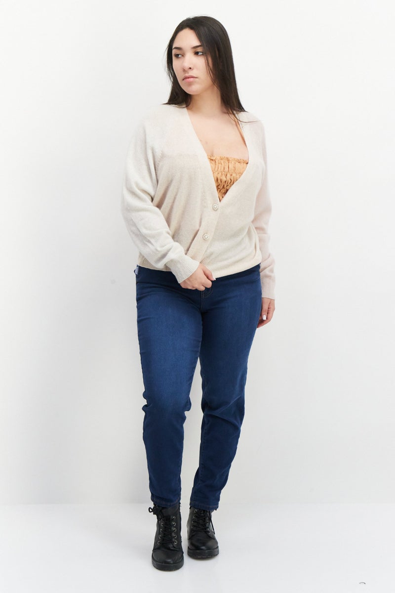 525 America Women V-Neck Long Sleeve Knitted Cardigans, Cream Combo  - Image 3