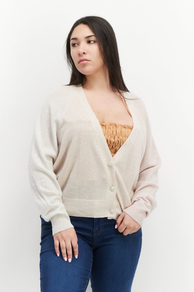 525 America Women V-Neck Long Sleeve Knitted Cardigans, Cream Combo  - Image 1