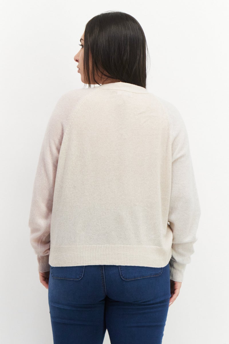 525 America Women V-Neck Long Sleeve Knitted Cardigans, Cream Combo  - Image 2