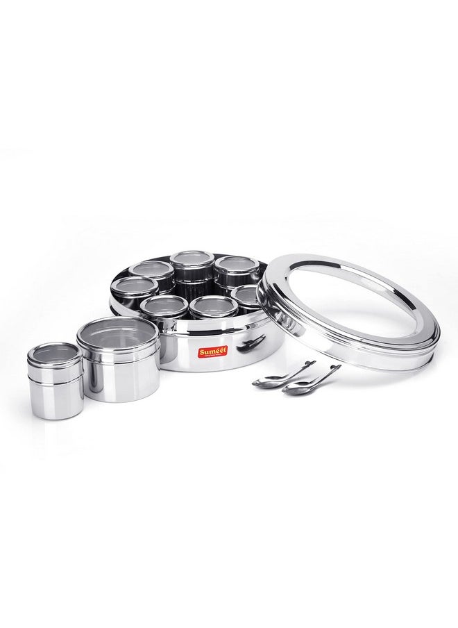 Sumeet - Sumeet 9 in 1 Stainless Steel Airtight Multi Masala BoxOrganiser with See through Lid, Silver - Image 1