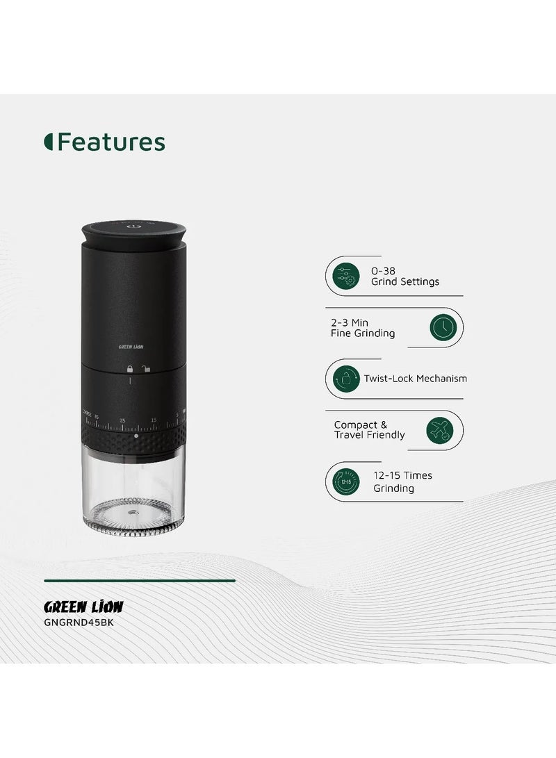 GREEN LION Grind Pro Coffee Grinder Rechargeable Portable with Battery 1500mAh & 12500 RPM  / Multi Grind Setting 0-38 For French Press & Espresso / Type-C Charging / Coffee Bean Grinder with Conical Ceramic - Black - Image 2