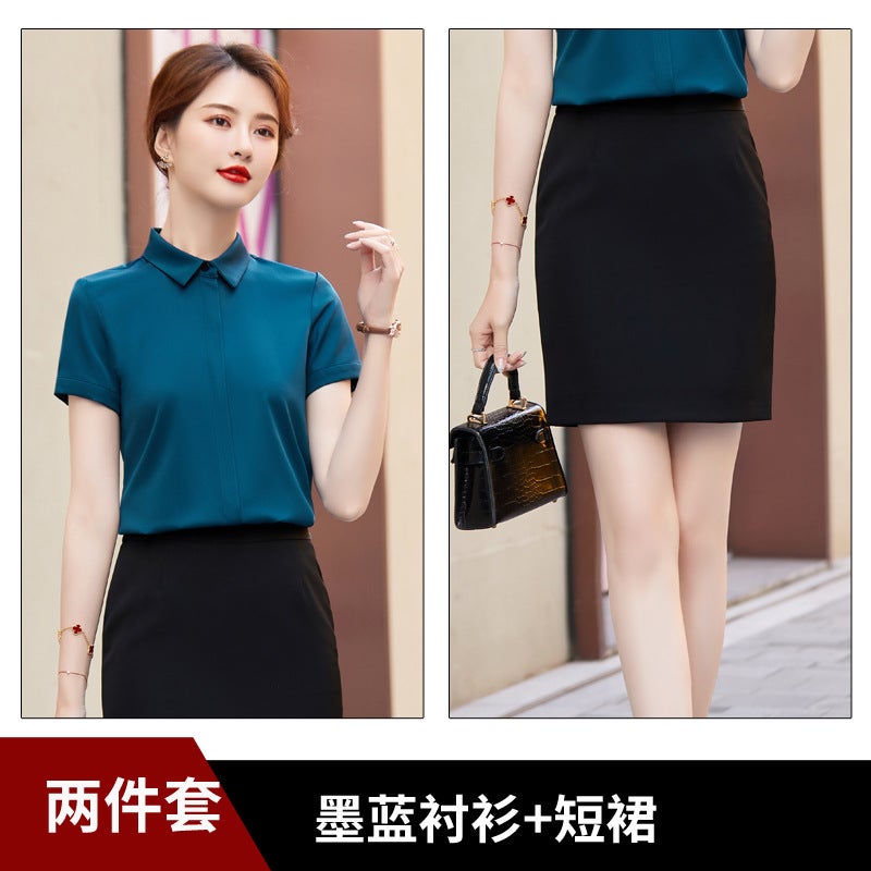 Chiffon Shirt Womens Short-sleeved Top Stylish Fashion Design Sense Niche Korean Style Elegant Professional Shirt Ironing-free Dress Ink Blue Skirt