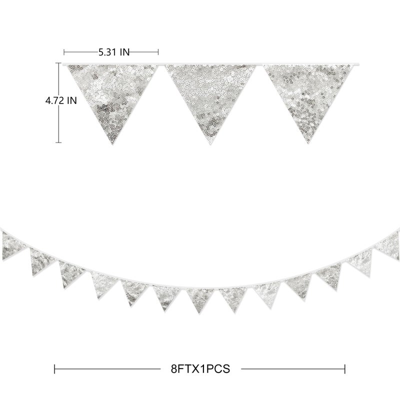 pinkblume Silver Decorations Double Sided Silver Sequin Fabric Triangle Pennant Banner Flag Bunting Garland for Silver Theme Nursery Classroom Home Bedroom Wall Holiday Christmas Decor - Image 2