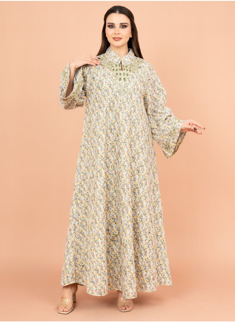 IKKXA Mandarin Collar Embroidered Jalabiya with Printed Pattern IK4009 Greenish Beige  - Image 1