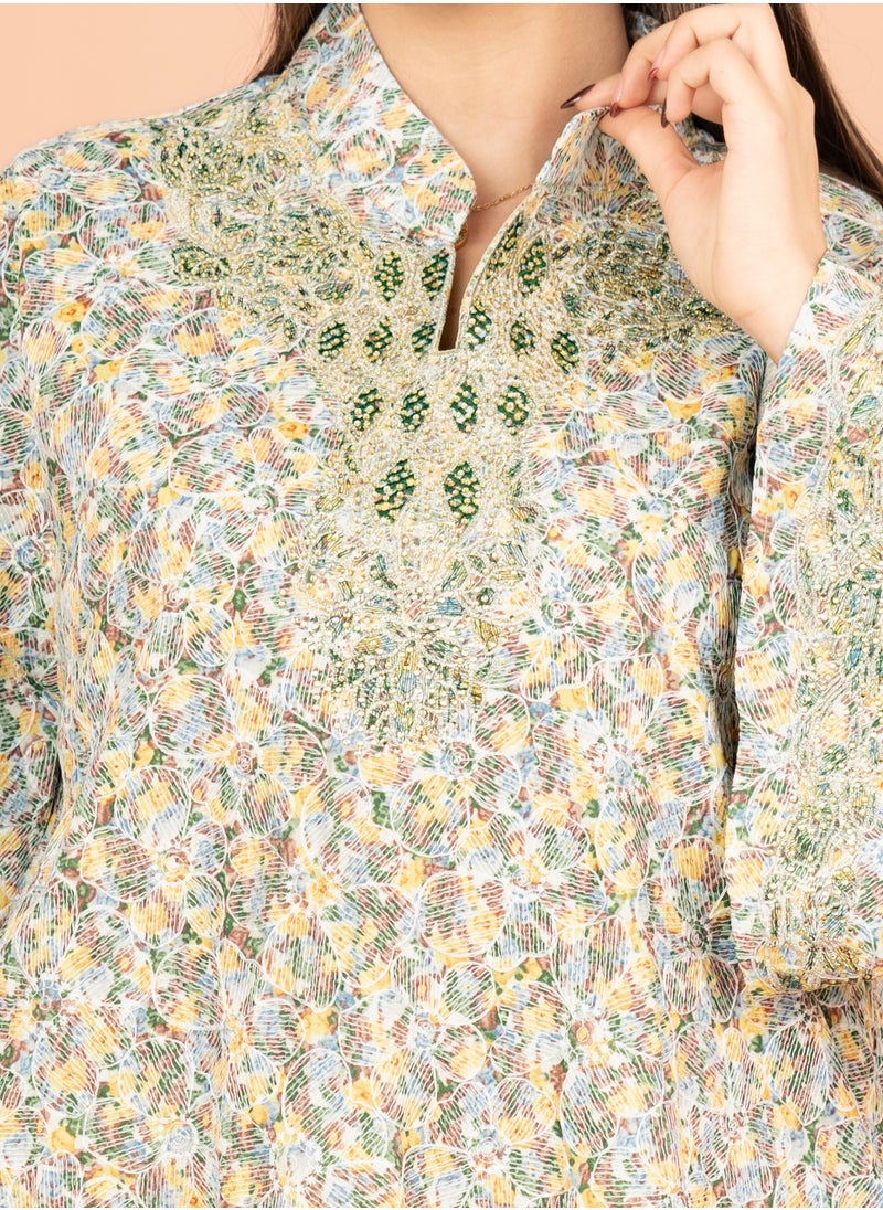 IKKXA Mandarin Collar Embroidered Jalabiya with Printed Pattern IK4009 Greenish Beige  - Image 2