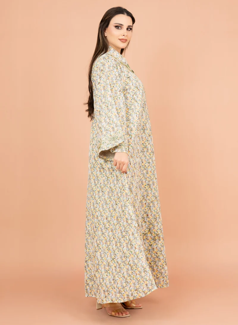IKKXA Mandarin Collar Embroidered Jalabiya with Printed Pattern IK4009 Greenish Beige