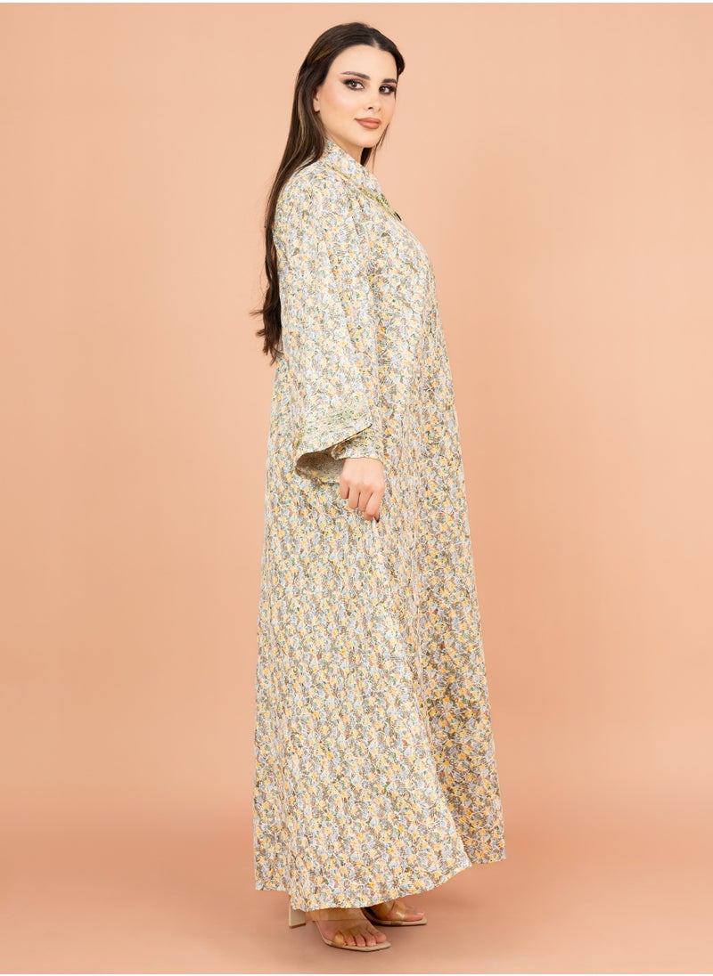 IKKXA Mandarin Collar Embroidered Jalabiya with Printed Pattern IK4009 Greenish Beige  - Image 3