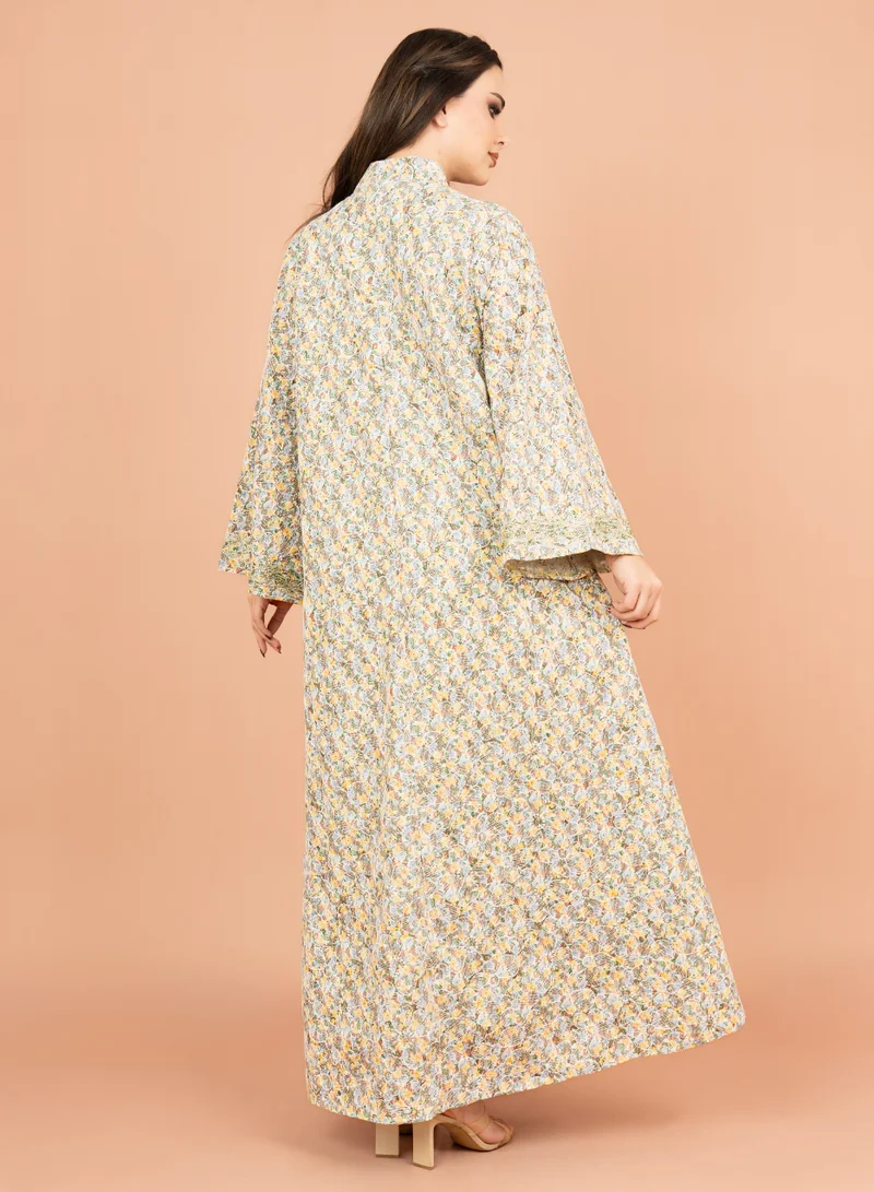 IKKXA Mandarin Collar Embroidered Jalabiya with Printed Pattern IK4009 Greenish Beige