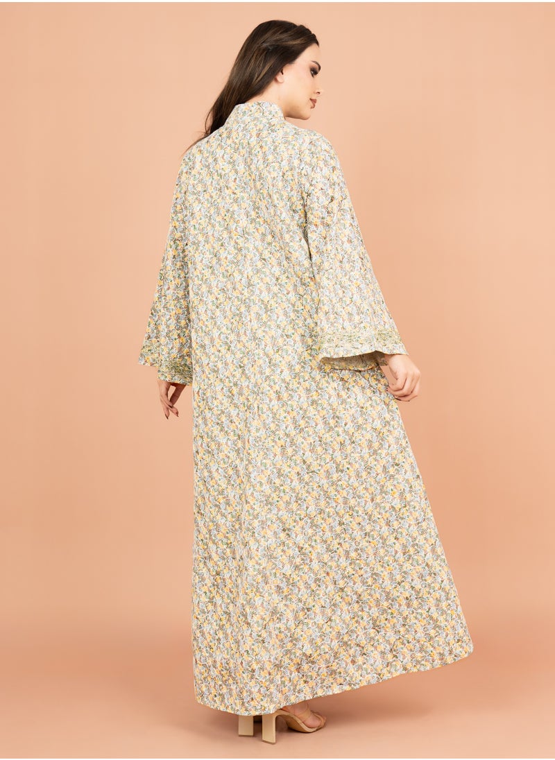 IKKXA Mandarin Collar Embroidered Jalabiya with Printed Pattern IK4009 Greenish Beige  - Image 4
