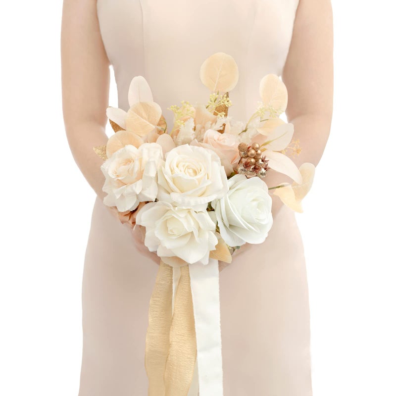 Ling's moment Lings Moment Artificial Flowers Boho Bridesmaid Bouquet White Beige Wedding Flowers Bouquets for Bridesmaids 7 Inch Bridal Bouquets for Bridesmaids Wedding Ceremony Anniversary etc 