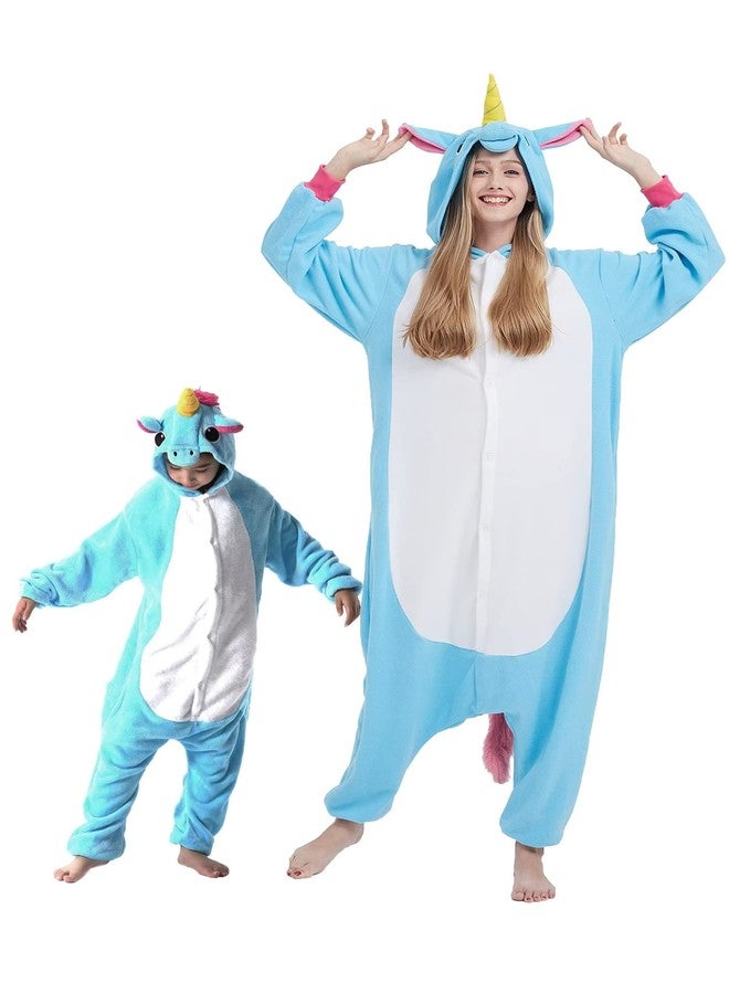 DarkCom Animal Onesie for Kids,Flannel Cosplay Blue Unicorn Halloween Christmas Costume Parent-Child Sleepwear for Girls Boys 10-11 Years - Image 1