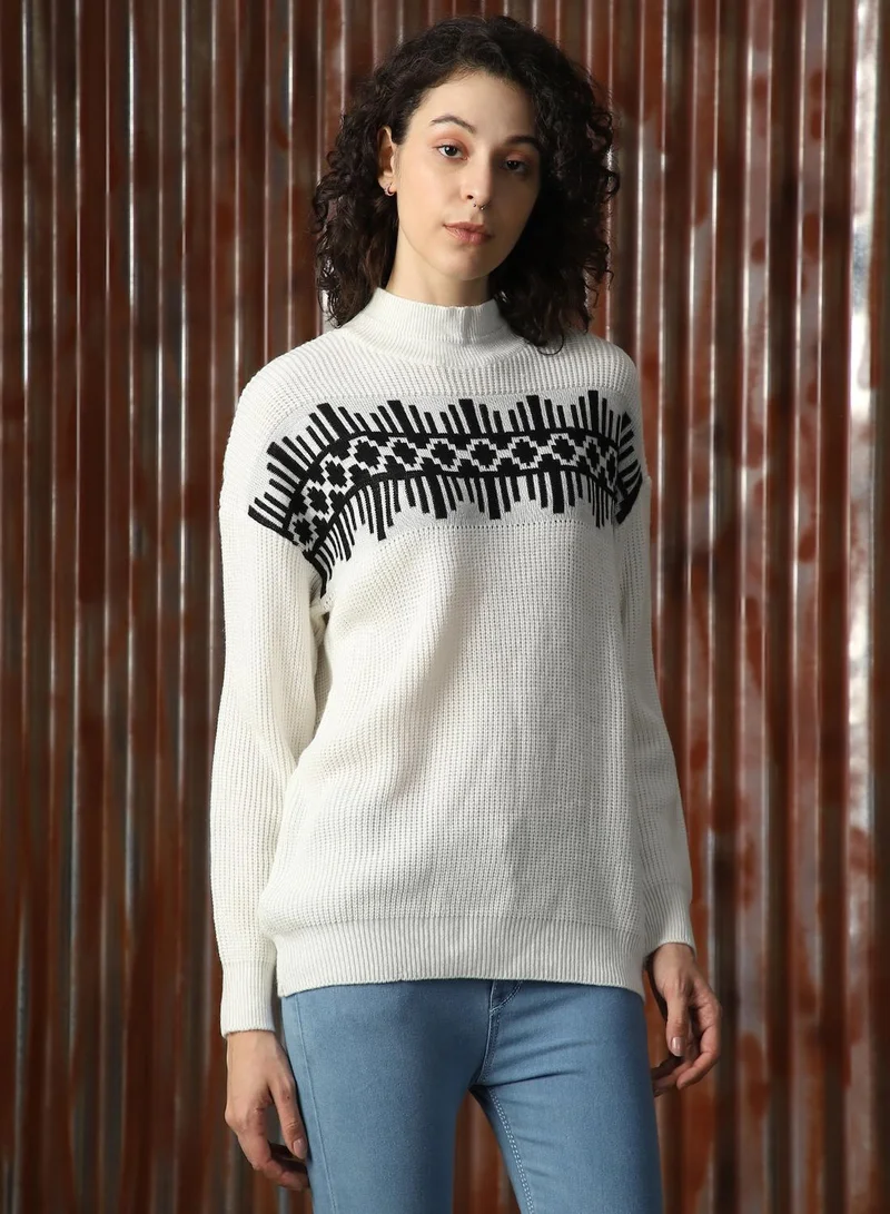 هاي ستار Women's Off White 100% Acrylic Solid Sweater
