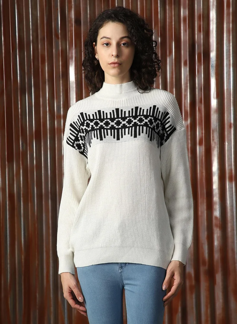 هاي ستار Women's Off White 100% Acrylic Solid Sweater