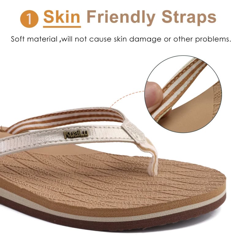 KuaiLu Womens Fashion Flip Flops Ladies Lightweight Summer Beach Yoga Mat Thong Sandals with Comfortable Arch Support Beige Size 7 - Image 4