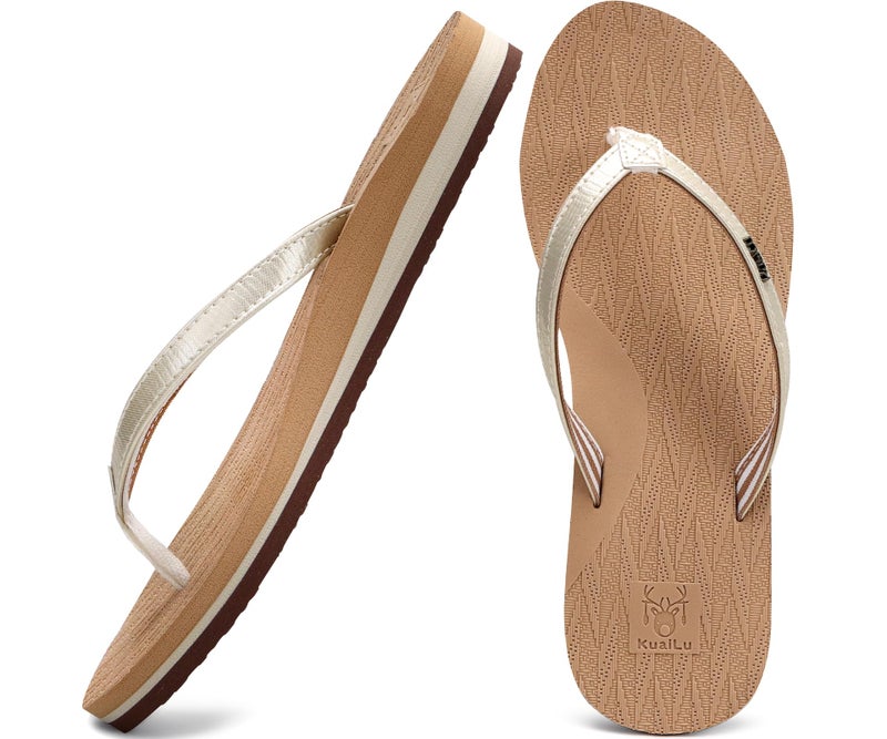 KuaiLu Womens Fashion Flip Flops Ladies Lightweight Summer Beach Yoga Mat Thong Sandals with Comfortable Arch Support Beige Size 7 - Image 1