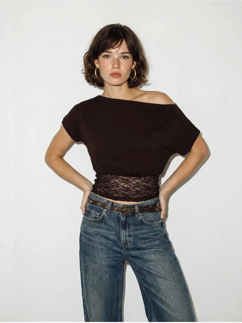 Bianco Lucci LUCCI Women’s Cropped Lace Boat-neck Blouse