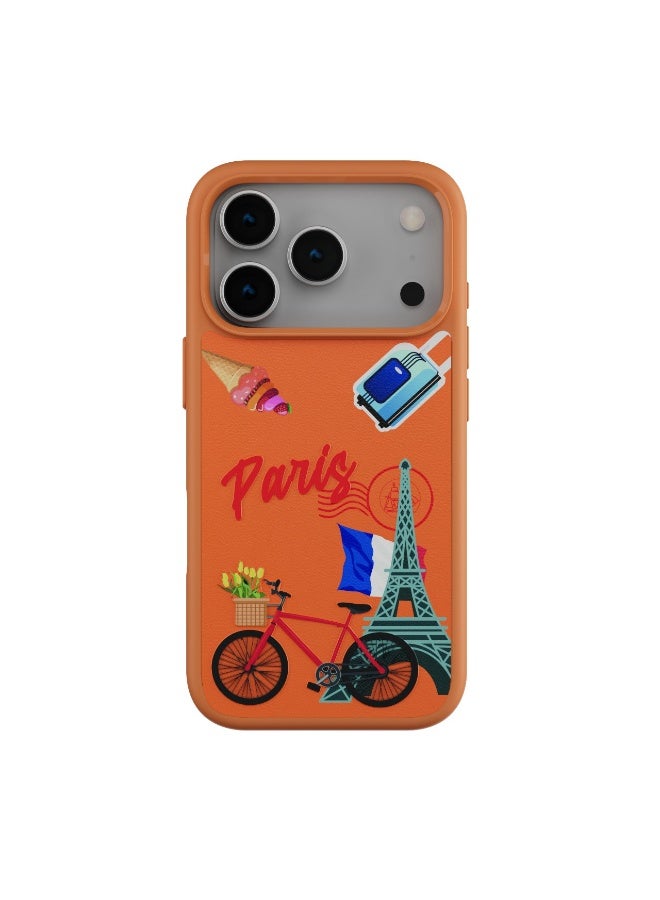 LEVELO Vallo PU leather Case iPhone 17 Pro With Paris Embroidery Design / Scratch & Wear Resistant / Raised Bezels for Camera & Screen / Shock-Resistant Bumper - Sunrise Orange - Image 1