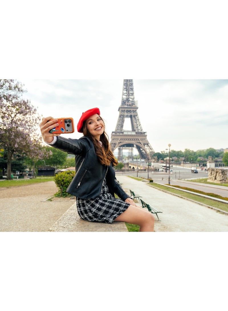 LEVELO Vallo PU leather Case iPhone 17 Pro With Paris Embroidery Design / Scratch & Wear Resistant / Raised Bezels for Camera & Screen / Shock-Resistant Bumper - Sunrise Orange - Image 2