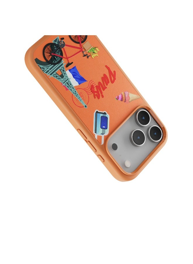 LEVELO Vallo PU leather Case iPhone 17 Pro With Paris Embroidery Design / Scratch & Wear Resistant / Raised Bezels for Camera & Screen / Shock-Resistant Bumper - Sunrise Orange - Image 4