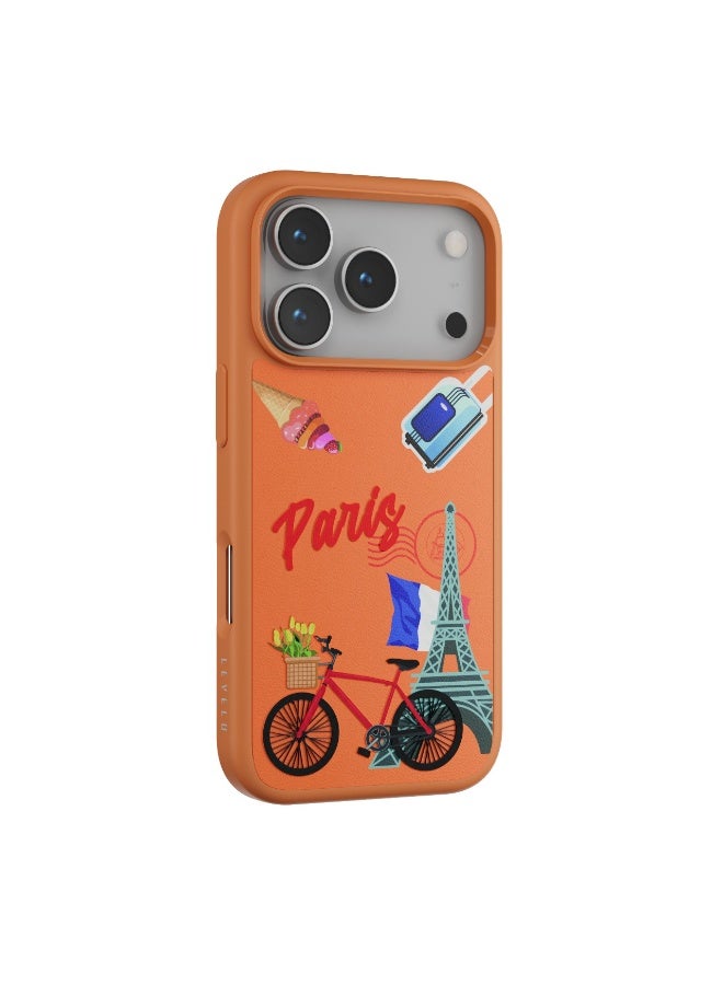 LEVELO Vallo PU leather Case iPhone 17 Pro With Paris Embroidery Design / Scratch & Wear Resistant / Raised Bezels for Camera & Screen / Shock-Resistant Bumper - Sunrise Orange - Image 5