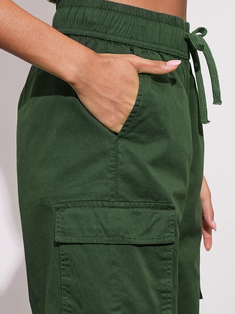 globus Women Cotton High-Rise Elasticated Waist Relaxed Fit Wide Leg Cargo Trousers