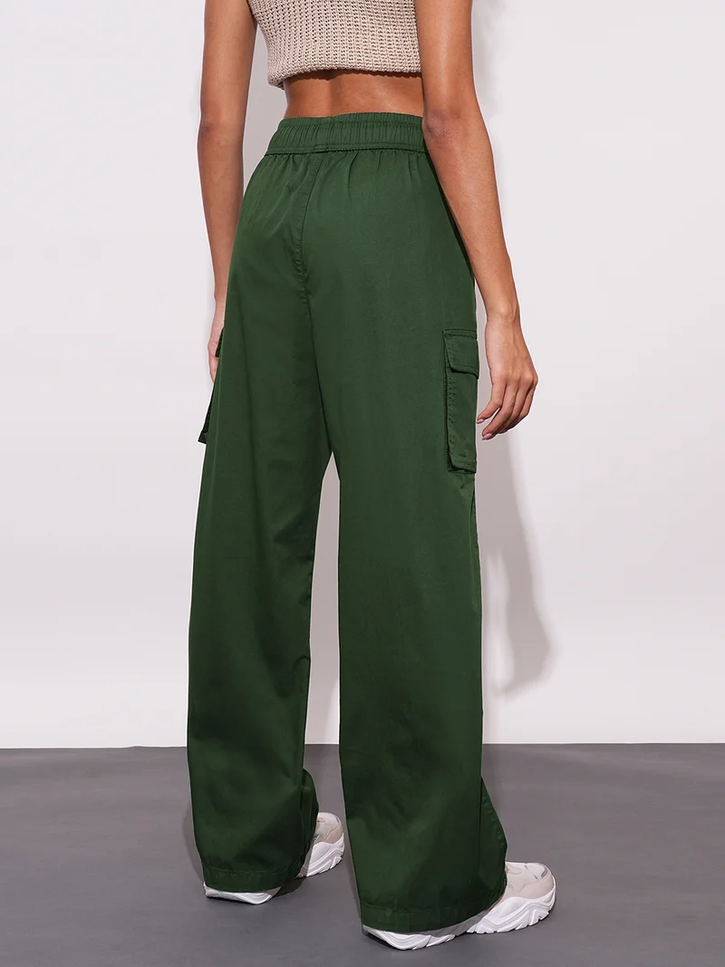 globus Women Cotton High-Rise Elasticated Waist Relaxed Fit Wide Leg Cargo Trousers