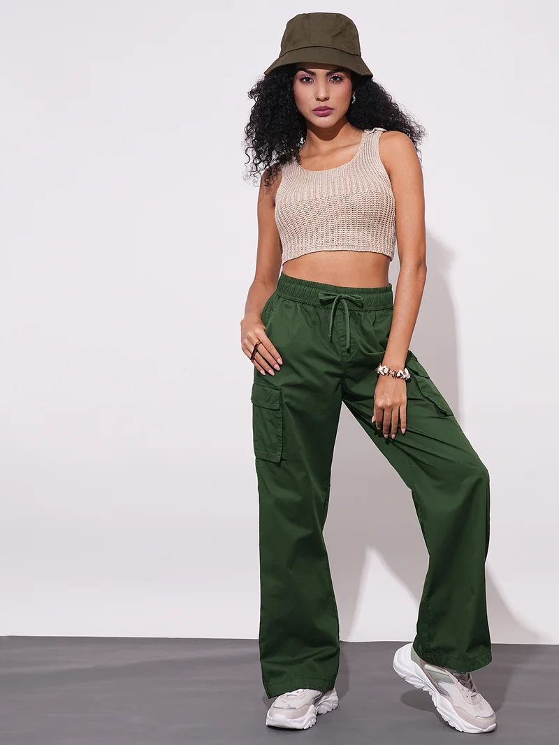 globus Women Cotton High-Rise Elasticated Waist Relaxed Fit Wide Leg Cargo Trousers