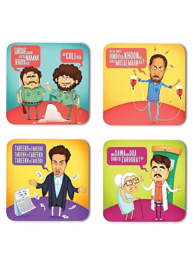 OUTFITQUE Hindi Funny Quotes Inspiration Printed Designer Coasters with Beautiful Metal Stand/Holder (MDF Wooden, Set of 4, 3.5x3.5 Inch, Square) for [ Tea/Coffee/Mug/ ] D11 - Image 1