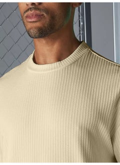 Maniac Maniac Men Solid Round Neck 3/4th Sleeve Beige Seersucker CottonBlend Oversized T-Shirt  - Image 3