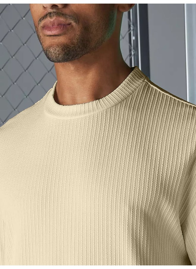 Maniac Maniac Men Solid Round Neck 3/4th Sleeve Beige Seersucker CottonBlend Oversized T-Shirt  - Image 3