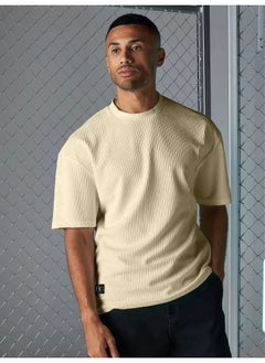 Maniac Maniac Men Solid Round Neck 3/4th Sleeve Beige Seersucker CottonBlend Oversized T-Shirt  - Image 1